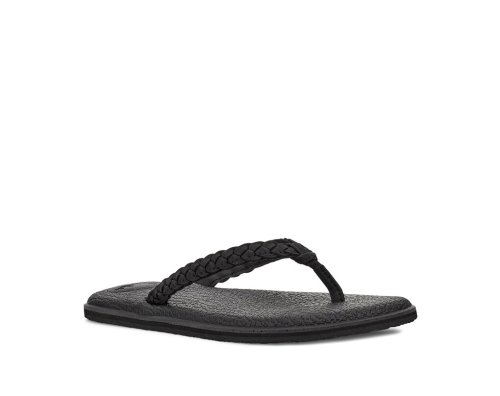 Sanuk Womens Yoga Braid Leather Black Flip Flops | DSZJNW642